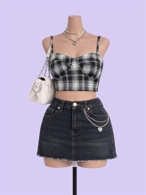 Thrill Jeans Black White Plaid Crop Top Ruched Size Large Y2K Grunge Goth Party